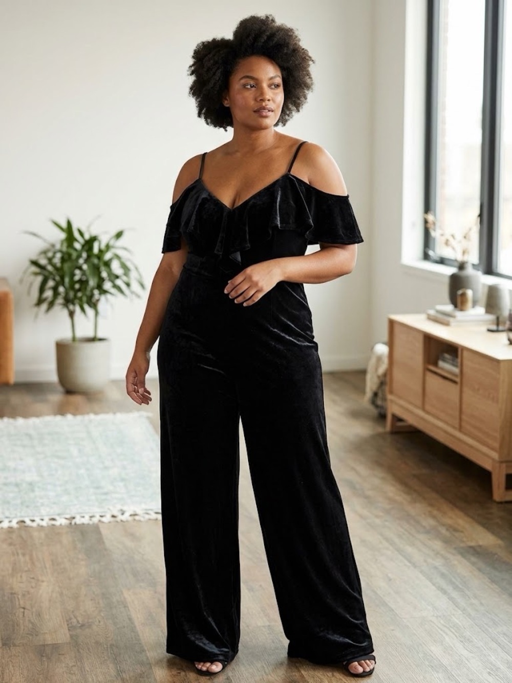 Black Cold-Shoulder Velvet Jumpsuit